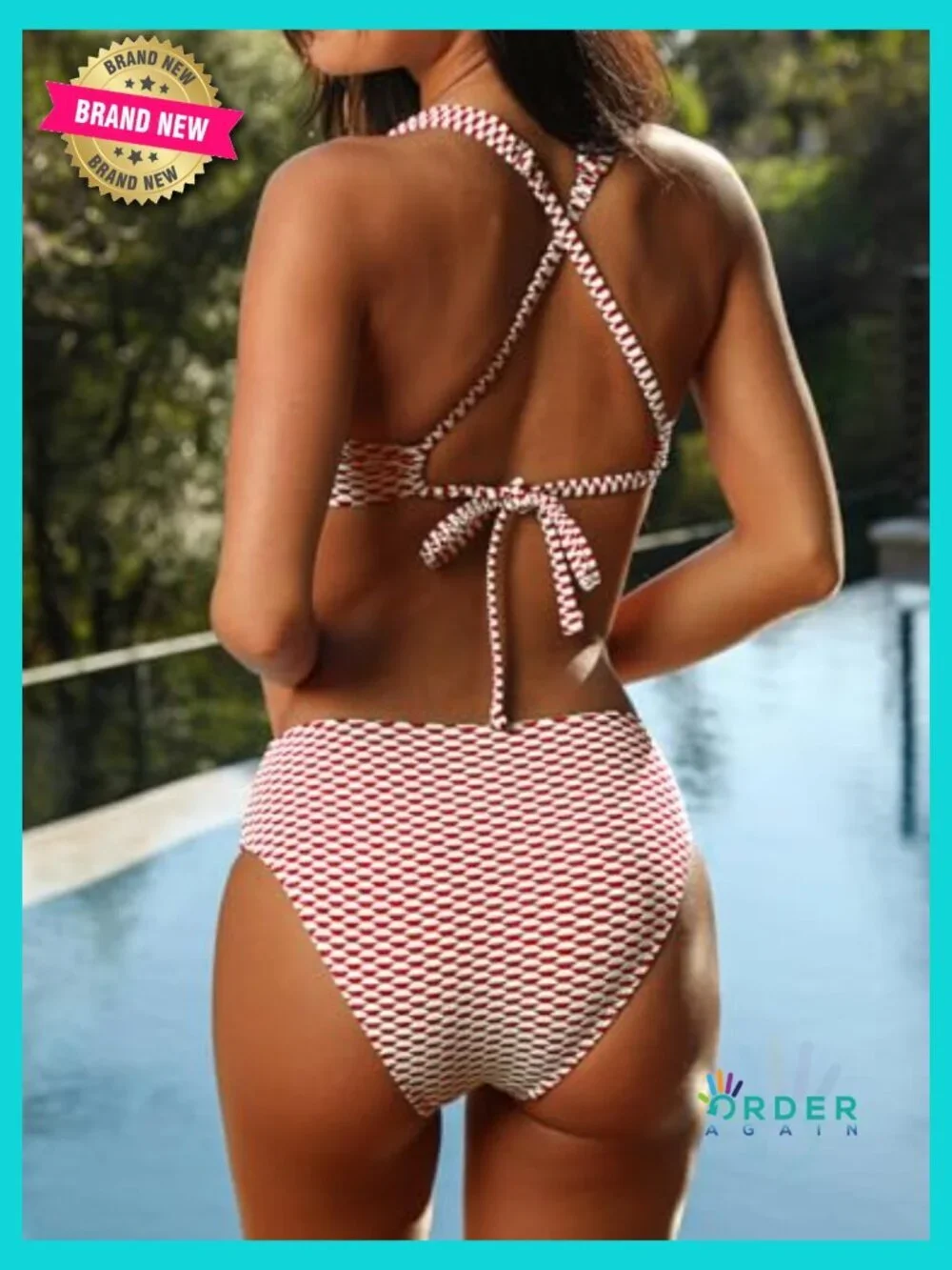 Women's Textured Bikini Set Crisscross Back Self Tie Cutout Mid Rise V Neck